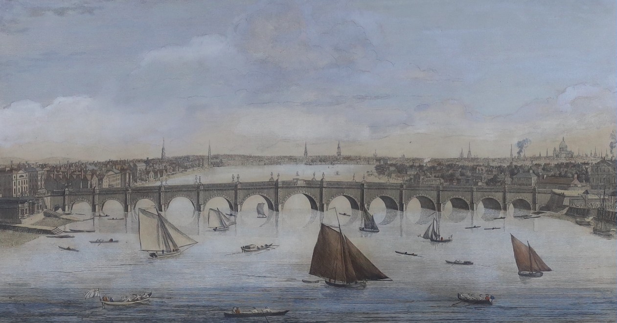 John Boydell, three hand coloured engravings, 'A view near Limehouse Bridge', 'Westminster Bridge' and 'Blackwall', 23 x 41cm